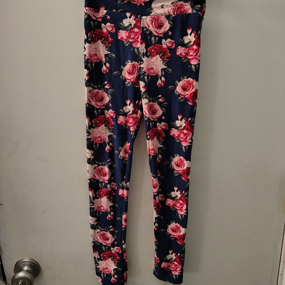 LuLaRoe Girls Leggings Navy Blue Floral Pink Size L/XL 10 12 14 Activewear